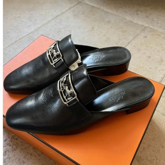 🆕HERMES Mules Flats Black Goatskin Leather Silver-Tone HW Buckle • EU 36.5 • NIB - Picture 2 of 7